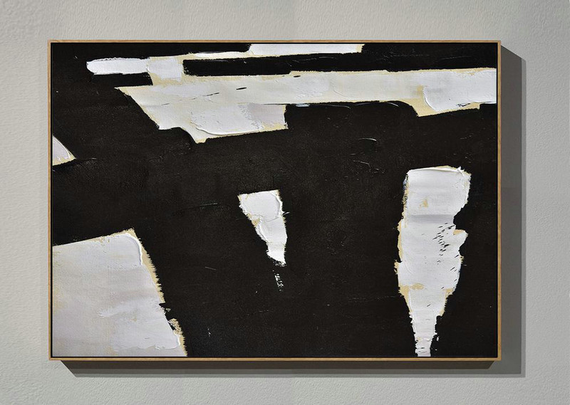Hand Painted Abstract Art,Horizontal Palette Knife Minimal Canvas Art Painting Black White Beige - Xl Large Canvas Art